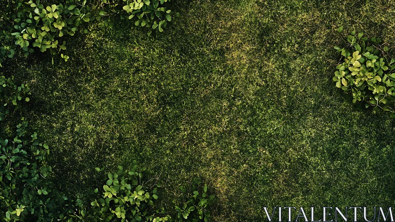 Top view shows grass field with border vegetation clusters