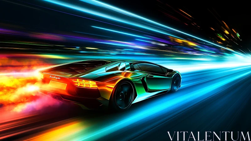 Neon supercar rockets through a futuristic light tunnel at speed