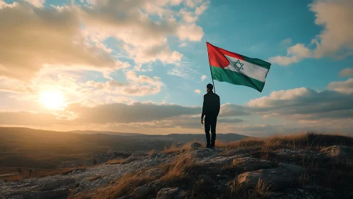 Lone figure holding a hybrid flag on rocky hillside at dusk.