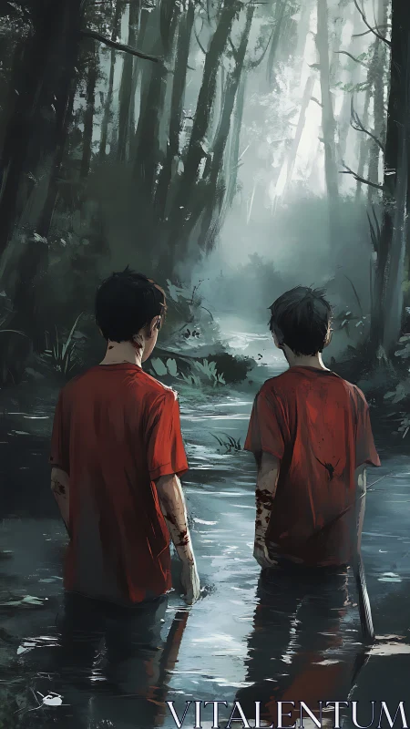 Red-shirted ghosts wade upstream toward a bruised morning