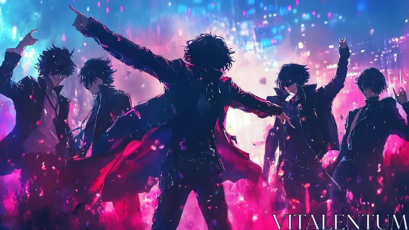 Neon city rebels in dynamic anime silhouette standoff.