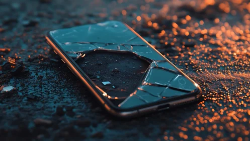 Smartphone with shattered screen on wet textured ground.
