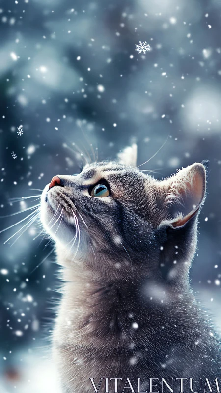 Cat gazes upward amid falling snow particles in winter setting.