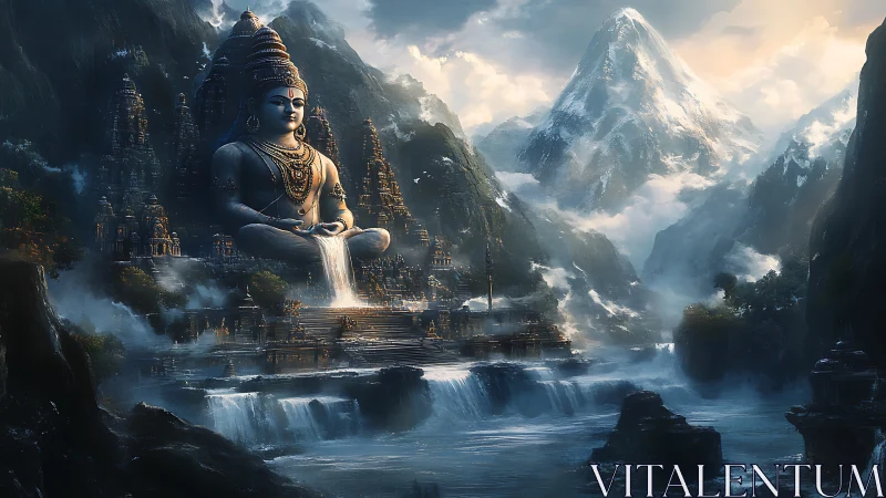 Colossal seated deity statue amid stepped waterfalls.