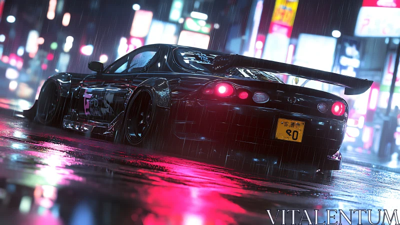 Tuned sports car in rainy neon city street at night.