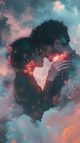 Silhouetted Couple in Clouds with Fire Effects