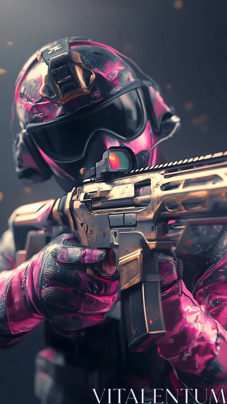 Armored operative in pink tactical gear holding rifle.