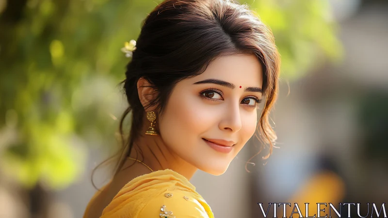High-depth portrait lighting on woman in yellow saree outdoors.