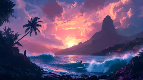 Sunset waves rehearse beneath a molten cotton-candy sky