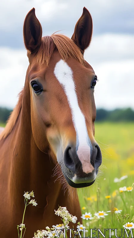 Chestnut horse portrait with blaze marking in meadow light.