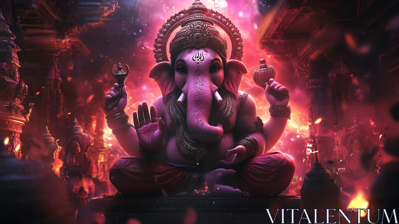 Ganesh deity in glowing temple with vivid digital lighting.