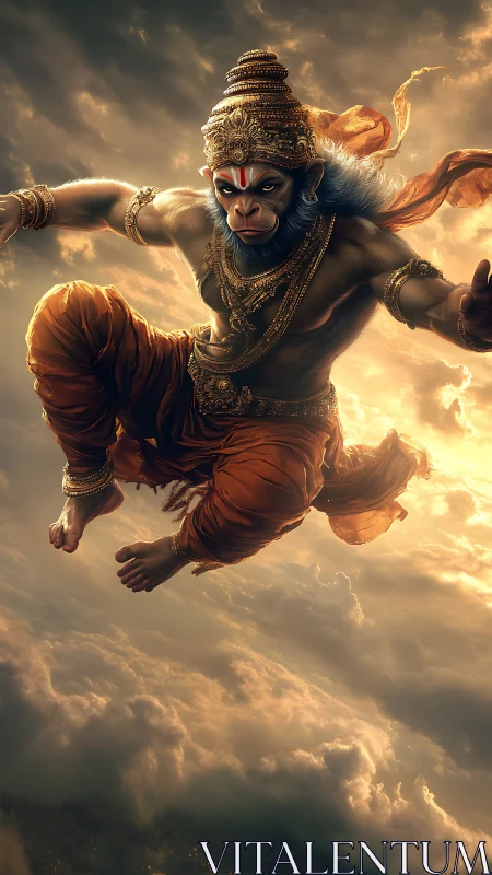 Skyborne monkey warrior streaking through molten clouds.