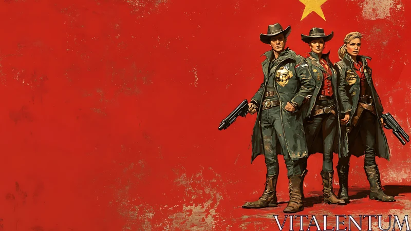 Triumphant gunslingers stand defiant against a bold red banner