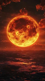 Fiery sun descends over a dark ocean in apocalyptic calm