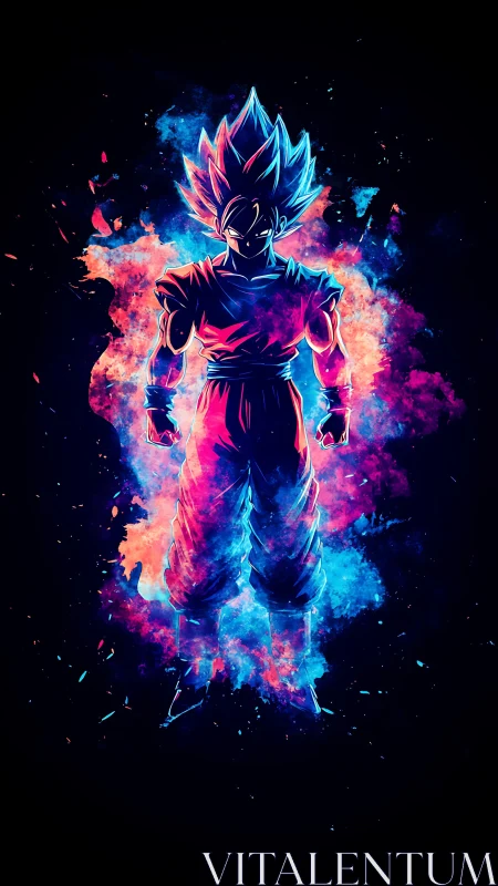 Stylized neon silhouette of spiky haired fighter figure.