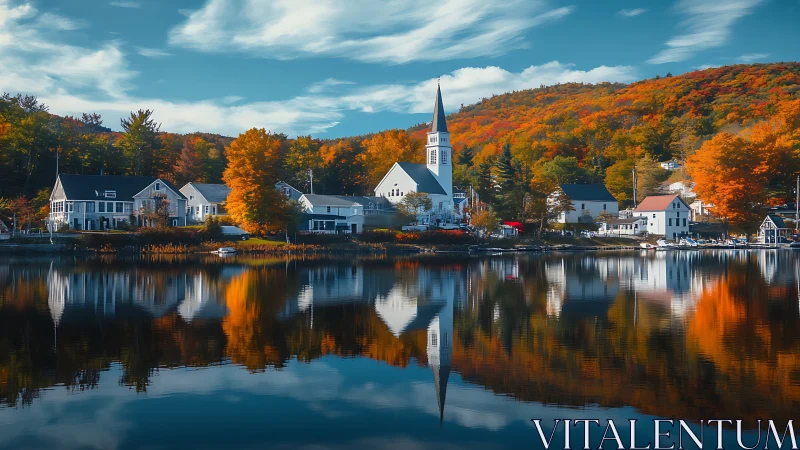 Lakeside village church mirrored in vivid autumn foliage.
