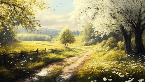 Sunlit country lane winding through a dreamy spring meadow.