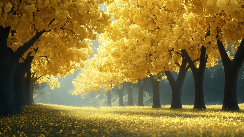Golden tree avenue under soft morning forest light.