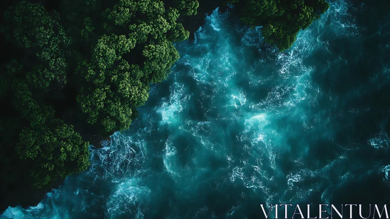 Aerial view isolates forest coastline against turbulent teal surf
