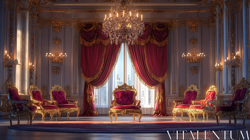 Golden royal salon welcomes sunlight and velvet thrones