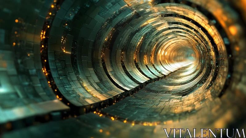 Futuristic Metallic Tunnel with Golden Lighting, Sci-Fi Digital Art.