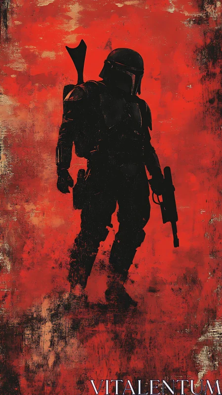 Armored sci-fi silhouette rendered against distressed red ground