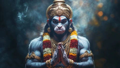 Divine simian deity portrait with ornate golden regalia.