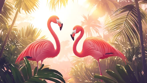 Radiant flamingo pair illuminated in lush tropical canopy.