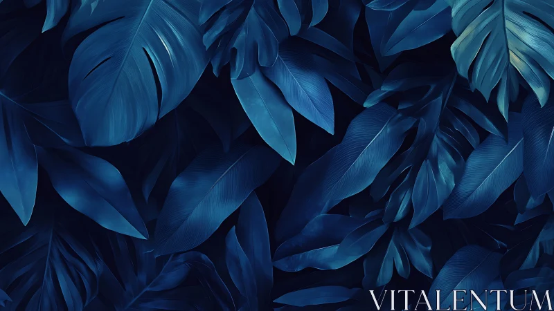 Midnight jungle leaves whisper softly in deep sapphire