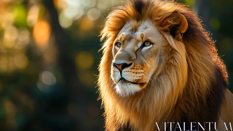 Majestic male lion portrait in warm forest light.