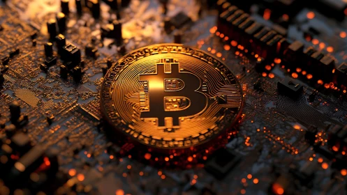 Glowing bitcoin coin resting on a lively digital circuit board.