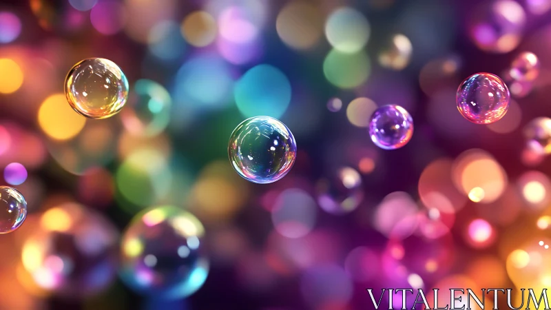 Iridescent soap bubbles drift across luminous bokeh lights.