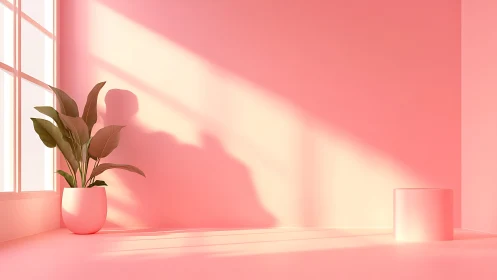 Sunlit pink room holds potted plant and minimal cylinder