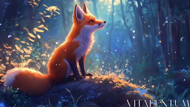 Fox sits on mossy forest rock under soft glowing light