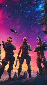 Neon dusk crowns three cyber mercenaries beneath galaxy skies