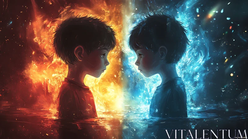 Dual elemental boys rendered in high contrast fire and water symmetry