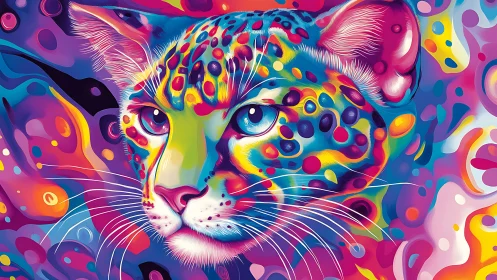 Multicolored feline portrait with geometric patterns and saturated pigmentation.