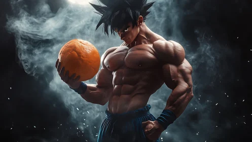 Stormlit anime warrior weighing a molten orange planet.