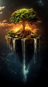 Floating island tree sustains cascading waterfalls in void