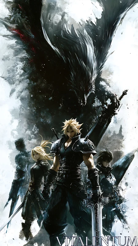 Storm-forged warriors beneath a colossal shadow beast.