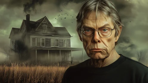 Stormy haunted farmhouse looms behind a thoughtful elder