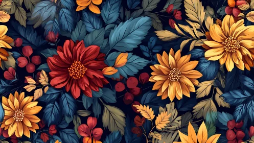 Layered floral composition with contrasting warm and cool botanical elements against dark background