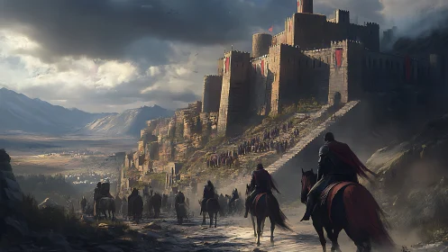 Mounted knights approach stormlit fortress citadel at dusk