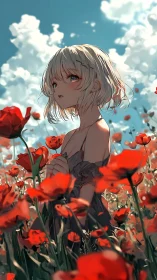Pensive blonde girl in vivid poppy field under bright sky.