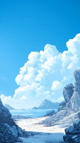 Coastal Landscape Rendered in Matte Digital Painting with Monochromatic Blue Palette