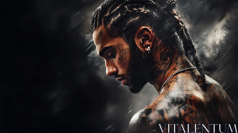 Tattooed man in moody profile with braided hair and light.