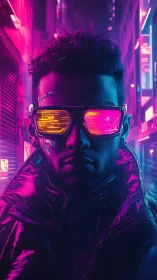 Neon cybernetic urban operative with augmented HUD visor.
