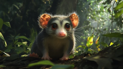 Wide-eyed forest creature gazes curiously through soft light.