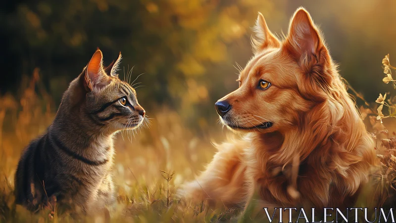 Cat and dog positioned facing each other in natural setting.