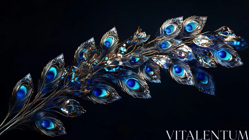 Ornate jeweled peacock feather branch glows over dark field